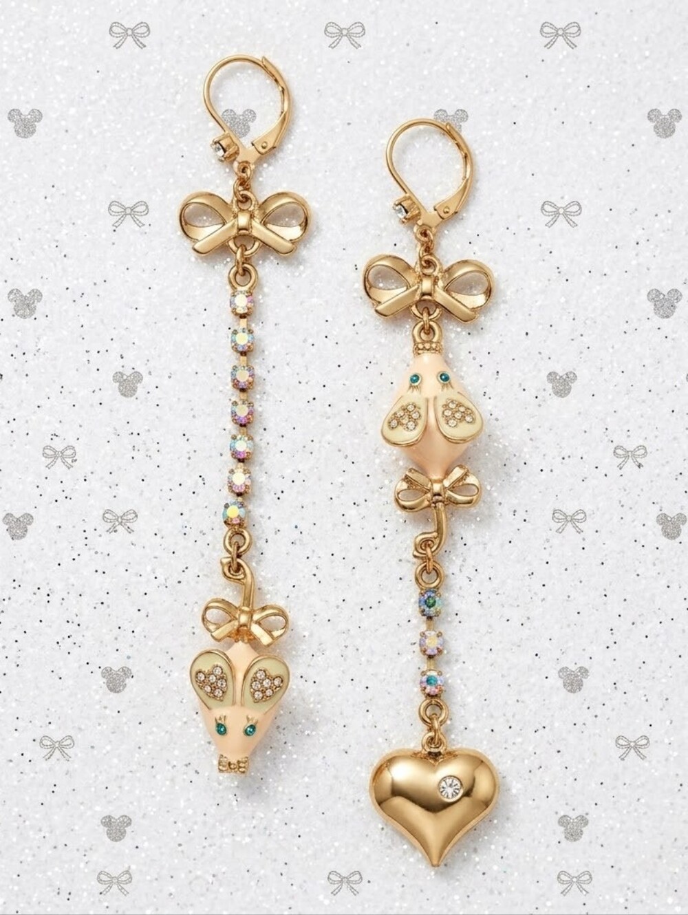 Gold plated Crystal pink mouse bow heart drop in earrings